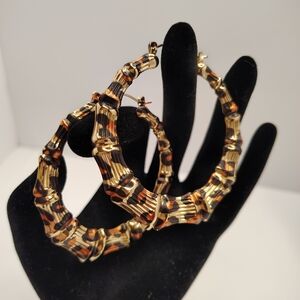Gold Leopard-Accent Bamboo Hoop Earrings